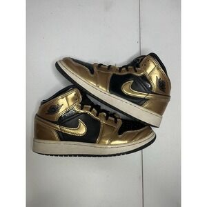 Nike Air Jordan 1 Mid SE Shoes Youth Size 5Y Black Metallic Gold DR6967-071